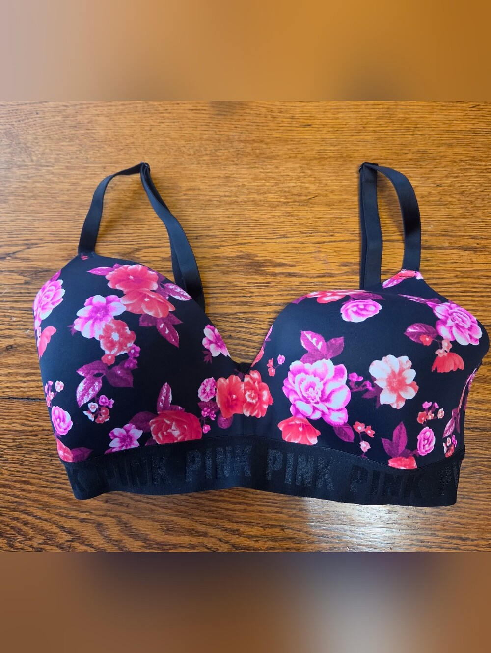 PINK Victoria's Secret Black Bra with Pink Floral Print Size 36D